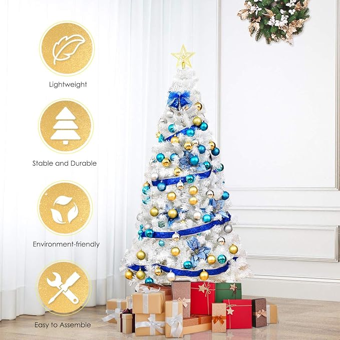GOFLAME 6FT Artificial White Christmas Tree Home Holiday Décor, Metal Stand PVC Material 650 Branches Indoor Decoration, Easy Assembly