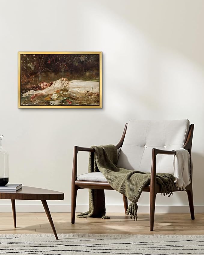 AIMAILON Vintage Gold Canvas Wall Art Framed Decor for Study Room Bedroom Classical Relaxing Young Lady Picture Victorian Summer Pond Lotus Background Artwork Desktop Home Decoration 16x24