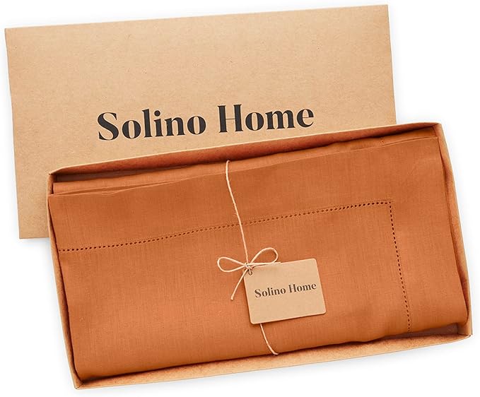 Solino Home Linen Square Tablecloth 52 x 52 Inch - 100% Pure Linen Pumpkin Table Throw - Classic Hemstitch, Machine Washable Table Cloth for Fall, Autumn, Thanksgiving, Holiday