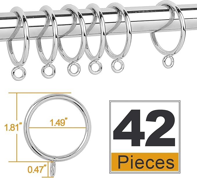 42 PCS Curtain Rings, 1.5 Inch Metal Curtain Drape Sliding Eyelet Rings-Hanging Rings for Curtains and Rods, Fits Up to 1 1/4-Inch Rod, Silver(Clips Not Included)