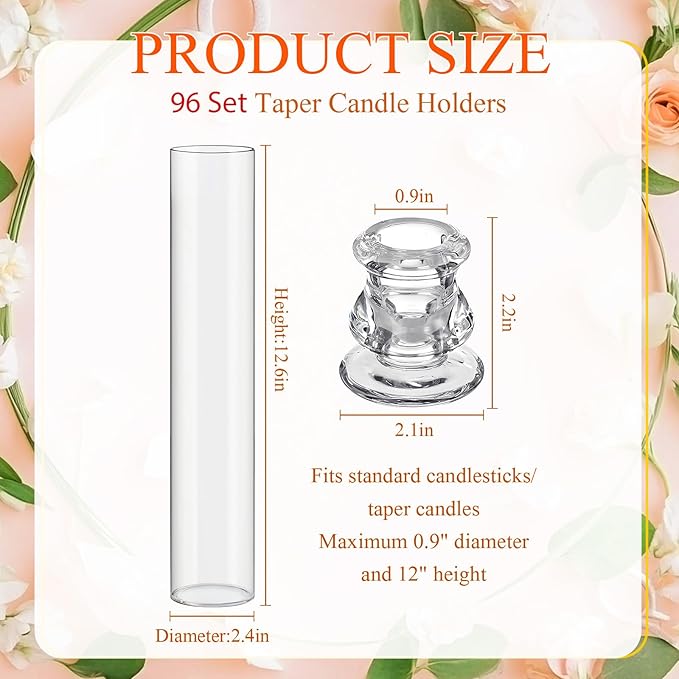 96 Set Christmas Glass Hurricane Candle Holders 12.6" Open Ended Glass Candleholder Tube Shape Bottomless and 2.2" Taper Clear Candlestick Holders for Wedding Party Table Centerpiece (Clear)