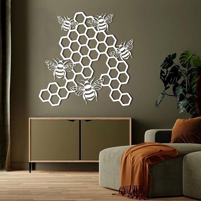 EANHIPE Bee and Honeycomb Metal Wall Art, Honey Bee Metal Wall Decor, Minimalist Animal Wall Sculpture, Rustic Farmhouse Decor, House Decorations Living Room (Silver, 35"x35"/90x90cm)