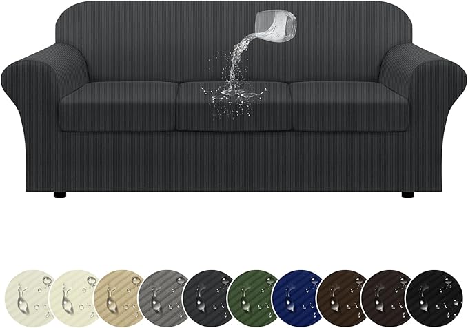 100% Waterproof Couch Cover 4-Piece Set Striped Sofa Slipcovers for 3 Cushion Couch Sofa Covers with TPU Leakproof Bottom Stretch Couch Protector Pet Proof - Sofa(3-Cushion), Dark Gray