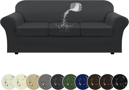 100% Waterproof Couch Cover 4-Piece Set Striped Sofa Slipcovers for 3 Cushion Couch Sofa Covers with TPU Leakproof Bottom Stretch Couch Protector Pet Proof - Sofa(3-Cushion), Dark Gray