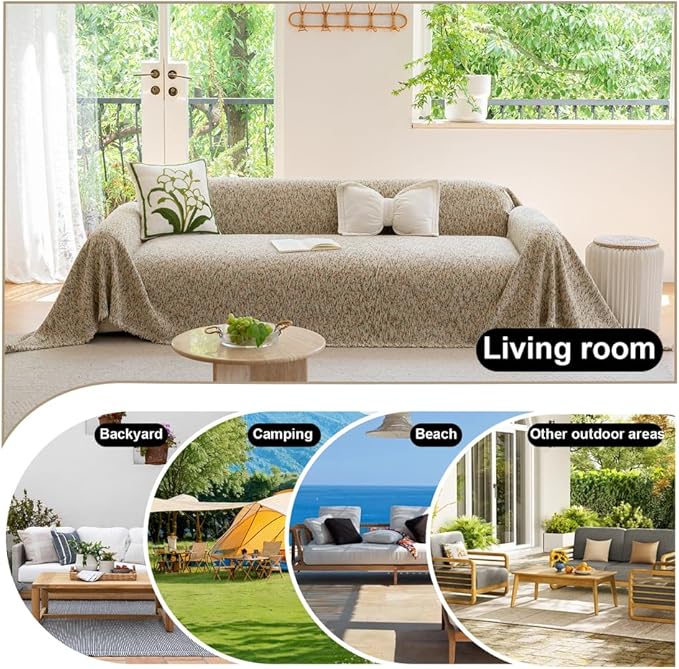 ROOMLIFE Boho Beige Couch Cover for Dogs, Washable Non Slip Furniture Protector Couch Sofa Covers for 3 Cushion Couch, Soft Chenille Couch Cover Throw Blanket with Tassels 71''X134''