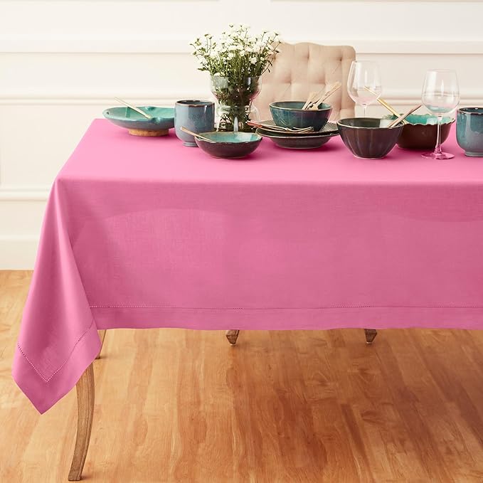 Solino Home Linen Flamingo Pink Tablecloth 60 x 144 Inch - Classic Hemstitch, 100% Pure Linen Rectangular Tablecloth - Machine Washable Table Cloth