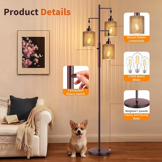 Hotsonic 72" Tall Boho Floor Lamp, Dimmable Standing Lamp with Handcrafted Rattan Shade, Industrial Tree Floor Lamps for Living Room, Bedroom, Study Room, Office (3 x 800LM LED Bulbs Included) - Brown