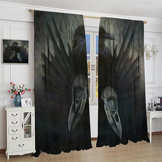 Gothic Blackout Window Curtains, Halloween Black Raven Crow Black Dark Wings Rod Pocket Window Treatments Drapes, for Living Room Bedroom 21(W)*45(L) 2 Panels
