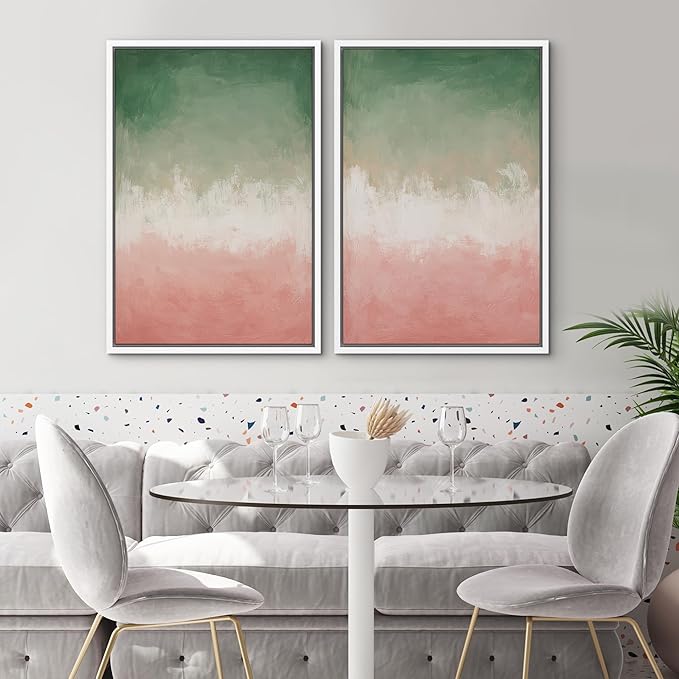 SIGNWIN Framed Canvas Print Wall Art Set Green and Pink Ombre Abstract Contemporary Gradient Modern Art Minimal Boho Relax/Calm for Living Room, Bedroom, Office - 24"x36"x2 White