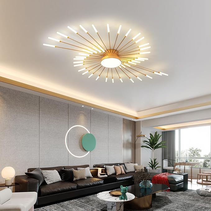 JAYMP Ceiling Light Modern Flower Shape Ceiling Lamp for Living Room Dining Room Flush Mount Metal Acrylic Sputnik Firework Petal LED Lighting Fixture (Matte Gold, 42+1 Lights)
