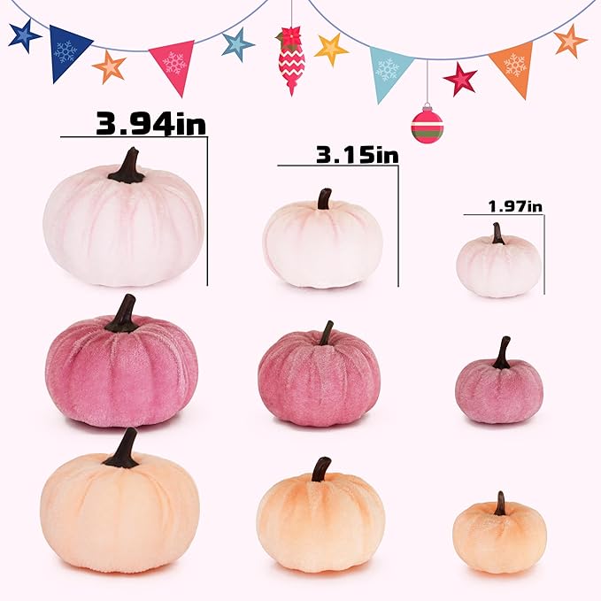 12 Faux Flocked Pumpkins, Perfect for Fall Harvest, Halloween, or Thanksgiving Table Centerpieces(12, Rose red, Purple, and Pink)