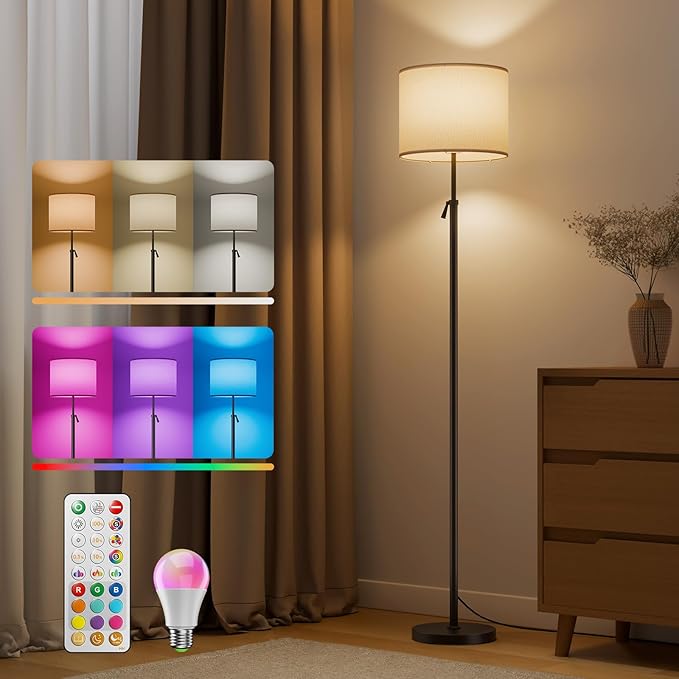 Floor Lamp for Living Room with RGBCW Color Changing Bulbs Dimmable, Adjustable Height Standing Lamp with Remote Control, 10W 1200 Lumen, Tall Lamp for Living Room, Bedroom, Office