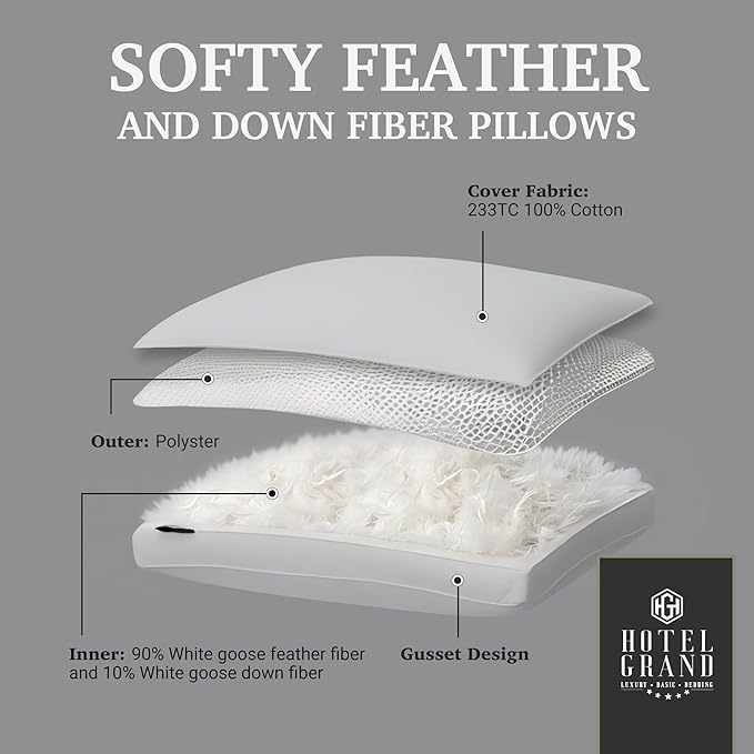 Hotel Grand Goose Feather Down Fiber Pillows King Size Set of 2, 100% Cotton Cover Hotel Collection Gusseted Bed Pillows for Back, Stomach or Side Sleepers, White