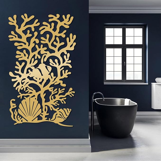 Metal Coral Reef Wall Decor, Coral Reef with Clownfish & Seashells Metal Wall Art, Sea Life Wall Art, Nautical Coastal Wall Decor, Ocean Wall Hanging for Bathroom (White, 19"x11"/47x28cm)