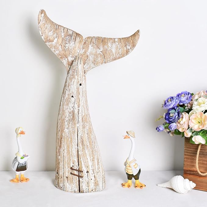 Morning View Whale Tail Decor Tabletop Nautical Decor Wood Whale Sculpture Rustic Whale Tail Statue Carved Figurine Coastal Home Beach House Decor Ocean Mediterranean for Shelf Bathroom 19.5 Inch Tall