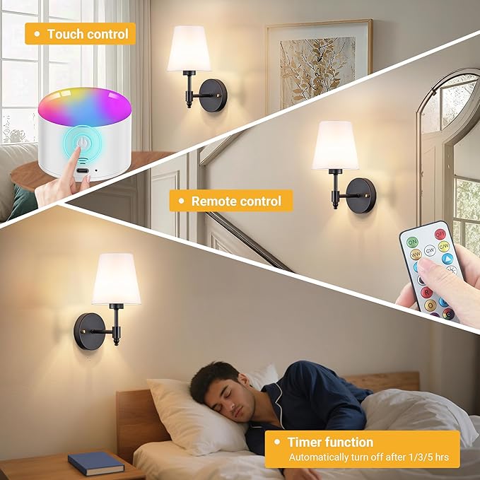 Battery Operated Wall Sconces Set of Two, Rechargeable Wireless Wall Lights with 10000mAh RGB Dimmable Detachable Bulb, Battery Sconces Wall Decor with Remote for Bedroom Living Room Hallway