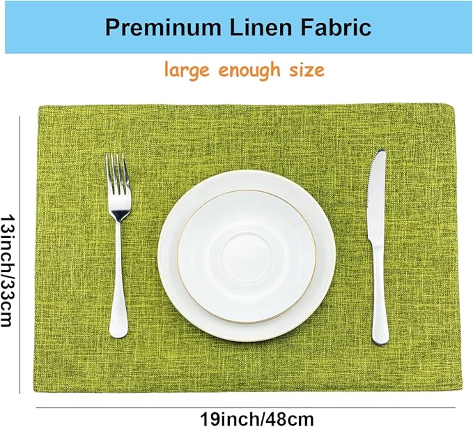 Weabetfu Cloth Placemats Set of 6 Heat Resistant Dining Table Placemmats Cotton Linen Machine Washable Kitchen Table Mats Wrinkle Free Thick Fabric Place Mats,Easy to Clean,13" x 19" Grass Green