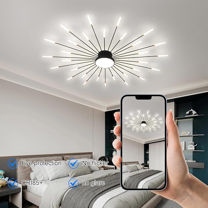 JAYMP Ceiling Light Modern Flower Shape Ceiling Lamp for Living Room Dining Room Flush Mount Metal Acrylic Sputnik Firework Petal LED Lighting Fixture (Matte Black, 30+1 Lights)