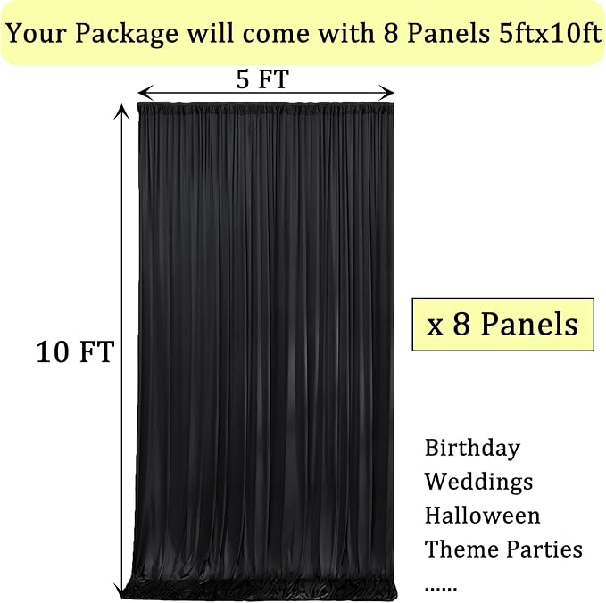 40ftx10ft Wrinkle Free Black Backdrop Curtain for Parties, 8 Panels 5x10ft Silky Polyester Black Photo Backdrop Drapes for Birthday Wedding Graduation Retirement Photography Background
