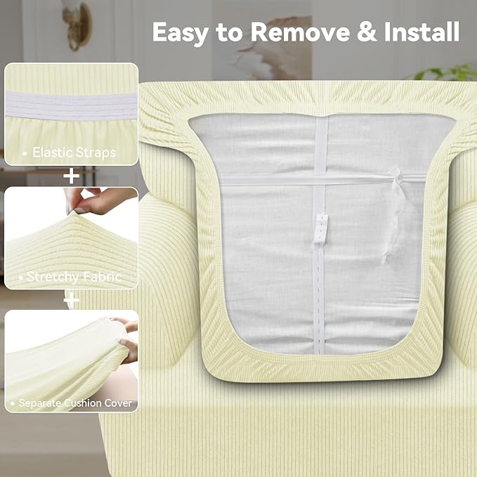 Waterproof Chair Cover with Arms 2-Piece Set Striped Slipcover for 1 Separate T Cushion Couch - TPU Fabric Armchair Covers Leakproof Couch Protector for Kids, Pets(Chair, Beige)