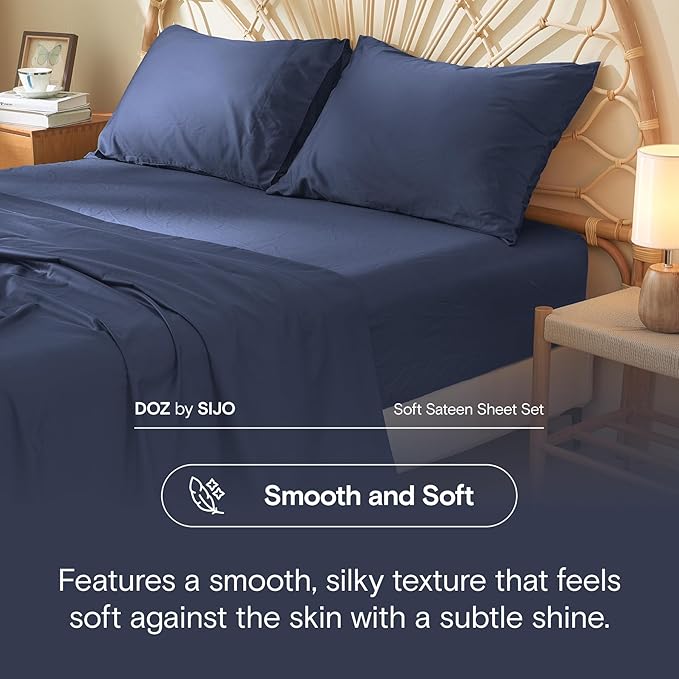 DOZ 100% Long Staple Cotton Duvet Cover Set, Soft Sateen Weave, Smooth, Breathable, Hotel Comfort, 106"x90", 8 Loops, 3pc – 2 Pillowcases 1 Duvet Cover (Sapphire, King/Cal King)