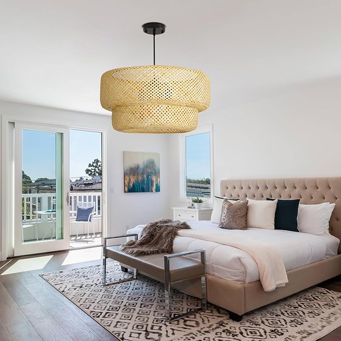 23.6IN Bamboo Pendant Light Fixtures, Hand-Woven Ceiling Hanging Chandelier, 4-Light Bohemian Large Basket Pendant Lights for Kitchen Island Dining Living Room Bedroom Restaurant