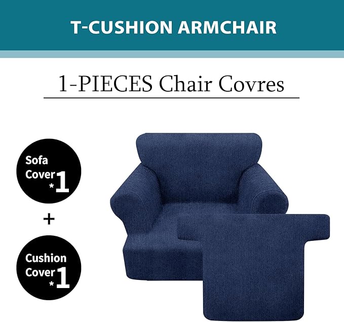 2 Pieces T Cushion Chair Covers with Arms Super Stretch Chair Slipcover for Living Room Pet Dog Universal Slip Cover Anti Slip Armchair Furniture Protector (Navy, 1 Cushion)