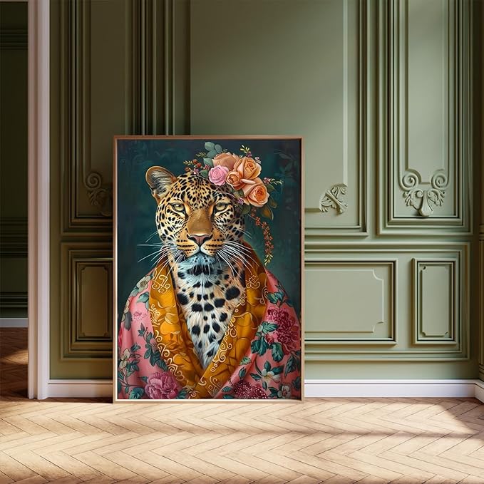 Eeuqiauot Vintage Leopard Canvas Wall Art Funny Animal Painting Elegance Leopard Poster Retro Animal Portrait Prints Wildlife Cheetah Picture Fashionista Trendy Wall Art for Room 16x24inch Unframed
