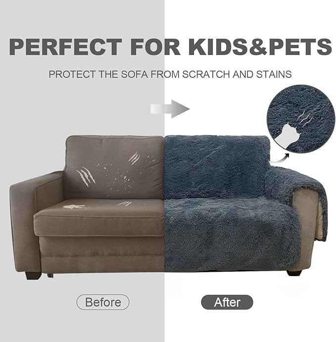 Plush and Fuzzy Shaggy Couch Cover, Dog Pad Faux Fur Sofa Cover, Water Resistant Slipcover, Non-Slip Furniture Protector for Kids,Dogs,Cats.(Noble Gray, Small Recliner)