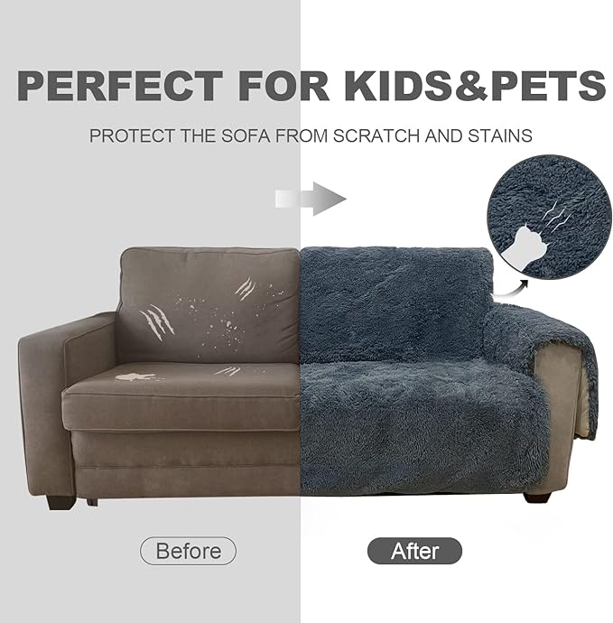 Plush and Fuzzy Shaggy Couch Cover, Dog Pad Faux Fur Sofa Cover, Water Resistant Slipcover, Non-Slip Furniture Protector for Kids,Dogs,Cats.(Noble Gray, Small-XL Chair)
