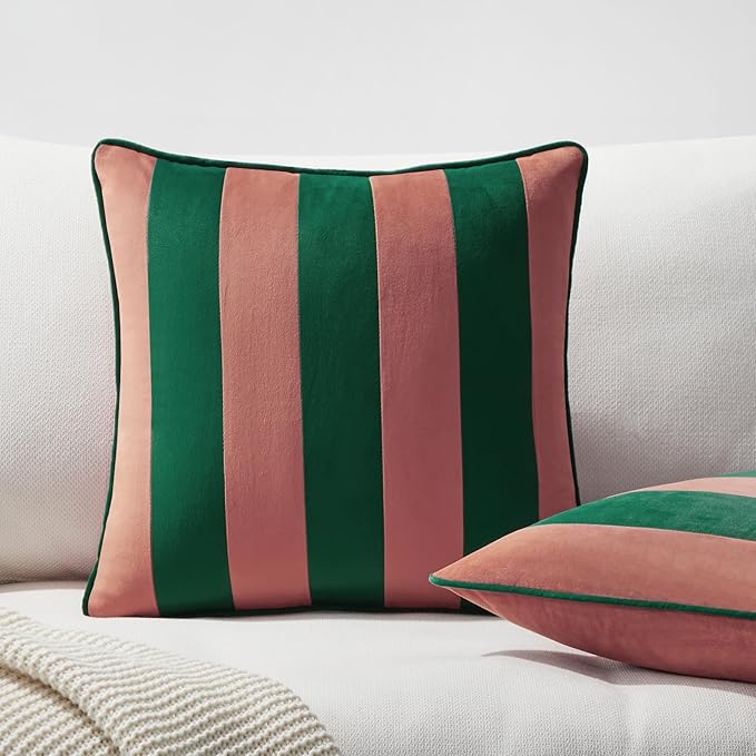 MONDAY MOOSE Decorative Throw Pillow Covers Cushion Cases, Set of 2 Soft Velvet Striped Piping Edge Designs, Pillow Inserts Not Included (Pink/Green, 20x20 inch)