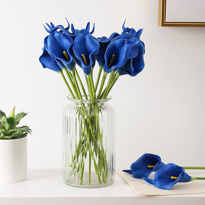 Duovlo 20pcs Calla Lily Bridal Wedding Bouquet Lataex Real Touch Artificial Flower Home Party Decor (Navy Blue)