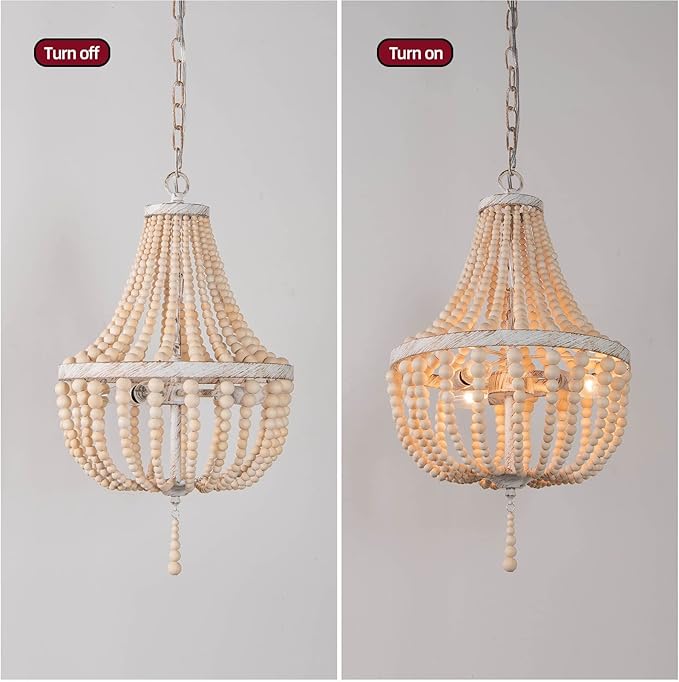 3-Lights Wood Bead Chandelier Boho Light Fixture,Antique Rustic Metal White Oak Beaded Chandelier Kitchen Island Pendant Lighting for Dining Room,Bedroom,Entryway,Foyer