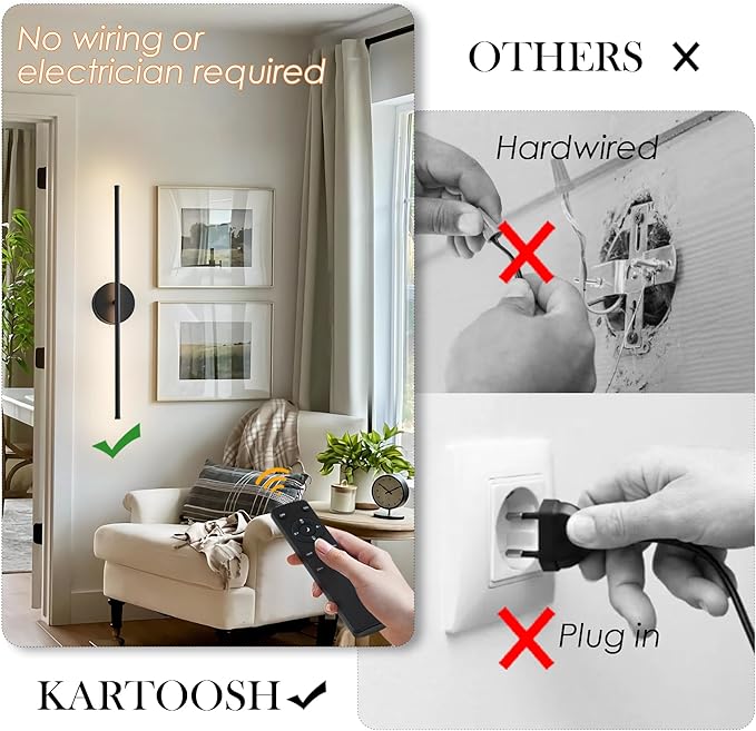 Removable Battery Operated Wall Sconces with Remote Control 350°Rotate LED Wireless Wall Lights with 3 Color Temperatures & Dimming for Bedroom, Hallway,28.3 Inch (2 Pack)
