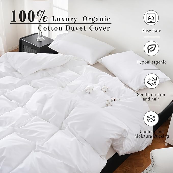 100% Organic Cotton Duvet Cover Queen Size 400 Thread Count Sateen Comforter Cover Soft and Breathable Cooling Bedding Set 3 Piece（White,Queen）