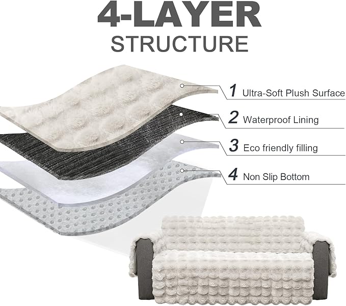 Plush and Fuzzy Shaggy Couch Cover, Dog Pad Faux Fur Sofa Cover, Water Resistant Slipcover, Non-Slip Furniture Protector for Kids,Dogs,Cats.(White-Bubble, XX-Large Sofa)