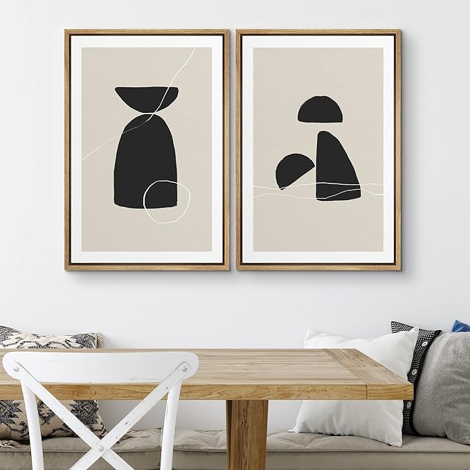 SIGNWIN Framed Canvas Print Wall Art Set Black Tan Mid-Century Figures Abstract Shapes Illustrations Modern Art Decorative Nordic Multicolor for Living Room, Bedroom, Office - 16"x24"x2 Natural
