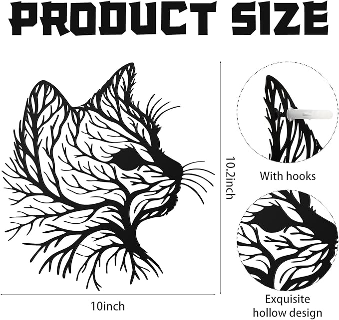 Otoolling Cat Tree Wall Art Silhouette Black Cat Wall Decor Metal Geometric Animal Art for Living Room Above TV Home Decoration, 10.2 x 10 Inch(Classic)