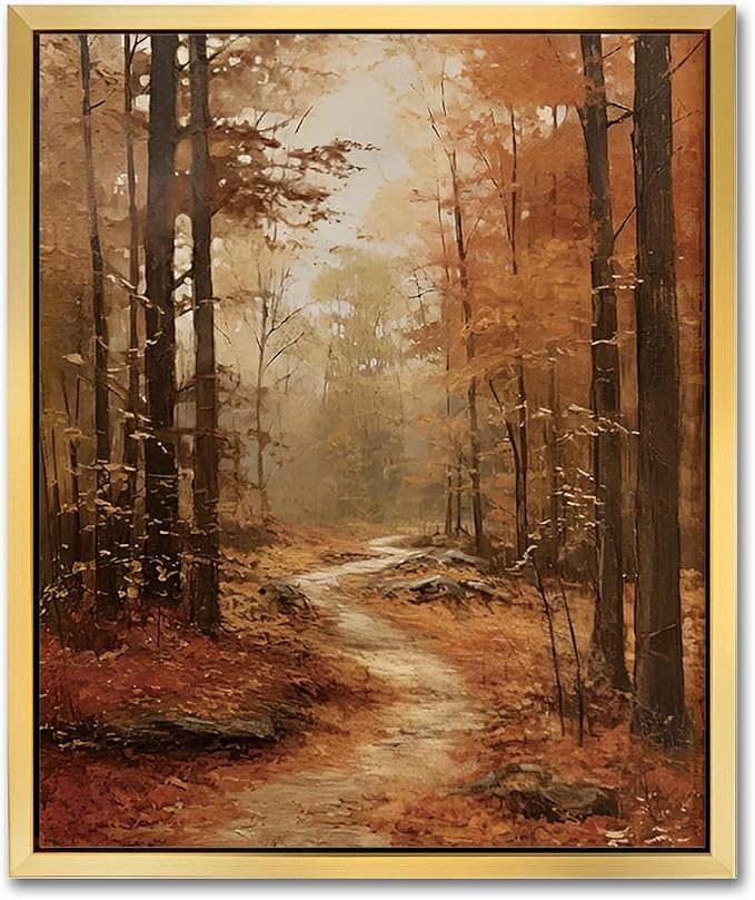 AIMAILON Vintage Gold Canvas Wall Art Framed Decor Classical Autumn Forest Trail Nature Theme Landscape Artwork Botanical Aesthetic Picture Home Interior Decoration 10x12