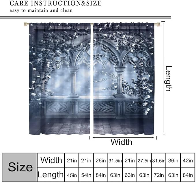 Gothic Mid Century Blackout Curtains, Medieval Castle Vintage Arch Stone White Rose Floral Window Drapes, for Living Room Bedroom 31.5(W)*72(L) 2 Panels