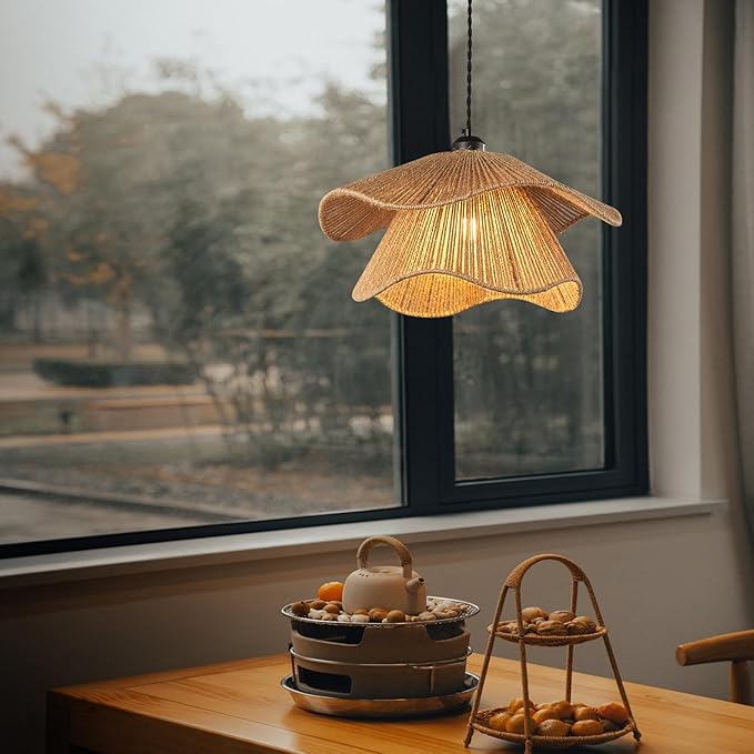 Farmhouse Hand-Woven Rattan Pendant Light Fixture Bohemian Chandelier Woven Wicker Pendant Lighting for Kitchen Island, Dining Room, Bedroom Room,Hallway