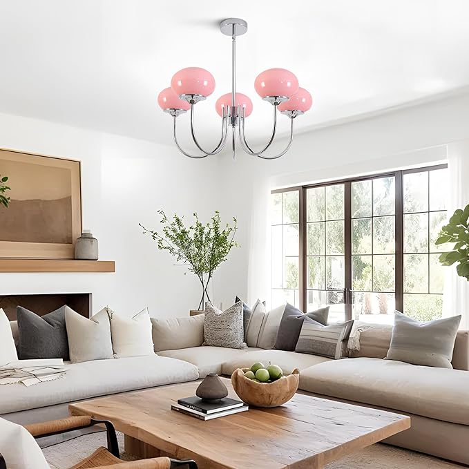 BOKT Nordic Pink Chandelier 5 Heads Chrome Chandelier Pendant Light Fixture Dining Room Oval Glass Globe Ceiling Chandeliers Elegant Decorative Chandeliers for Girls' Bedroom