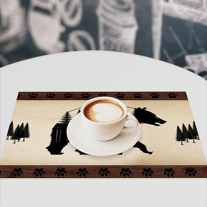 Retro Bear Placemat Set of 6, 12x18 Inch Rustic Brown Wildlife Animal Paw Print Forest Tree Farmhosue Cabin Country Lodge Coffee Table Mats for Outdoor Kitchen Dining Table Decoration