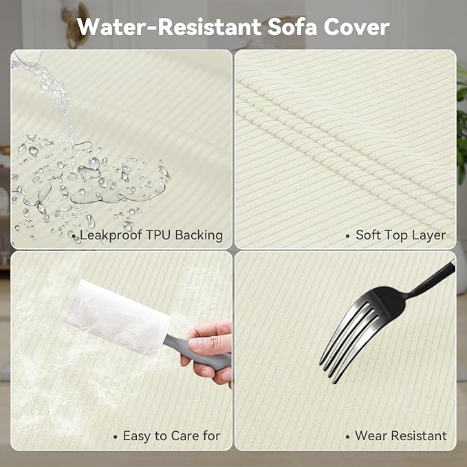 Waterproof Couch Cover 4-Piece Set Striped Sofa Slipcovers for 3 Separate T Cushion Couch - TPU Fabric Sofa Covers Leakproof Couch Protector for Kids, Pets(3 Cushion Sofa, Ivory)