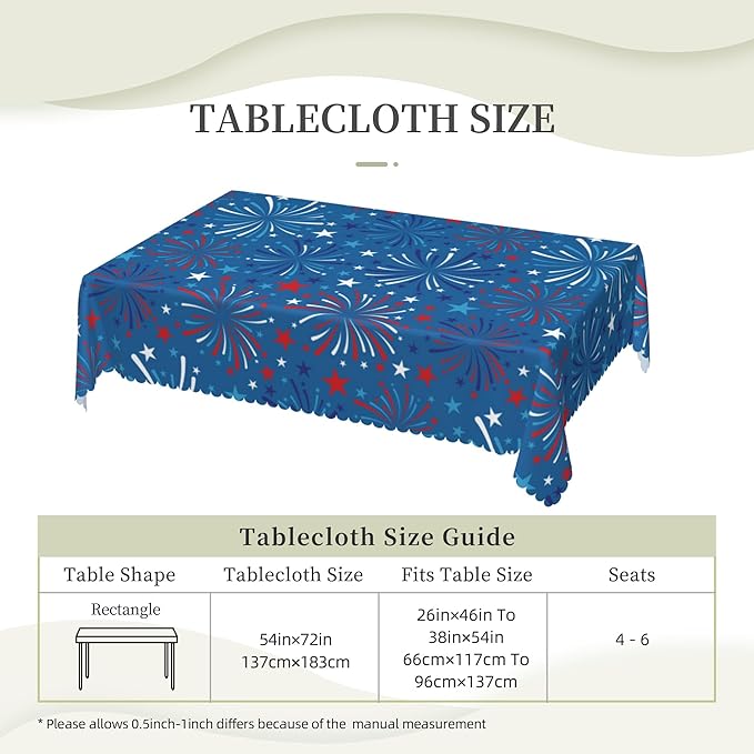 Fireworks Tablecloth 4th of July Fireworks Rectangle Tablecloth Americana Red White and Blue Firework Table Cover 54×72 Inch Washable Table Cloth for Kitchen Dining Room Party