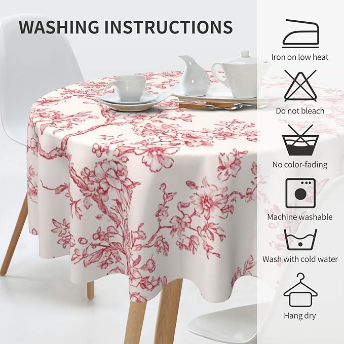 Cherry Blossom Tablecloth, Pink Traditioanal Oriental Chinese Floral Sketch Farmhouse Water Resisitant Wipeable Table Cover for Dining Kitchen Living Room Home Party Holiday Decor 60 inch Round