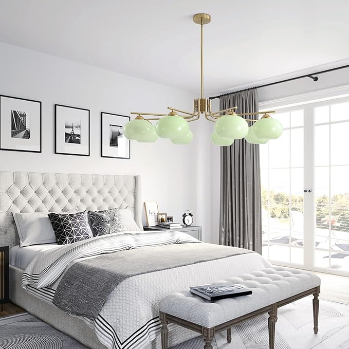 KCO Lighting 8 Lights Green Glass Chandelier Mid Century Modern Globe Chandelier Brass Gold Sputnik Chandelier Light Fixture Green Sputnik Ceiling Light for Dining Room Living Room