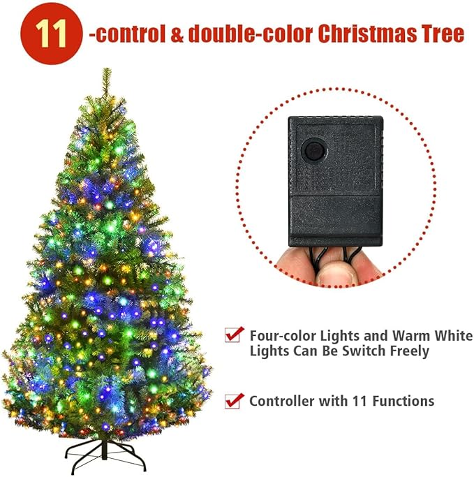 HAPPYGRILL 6 FT Pre-Lit Artificial Christmas Tree, Artificial Hinged Tree with 350 LED Lights, 1000 PVC Branch Tips and Foldable Base, Premium Spruce Tree with 11 Color Modes for Holiday Decor