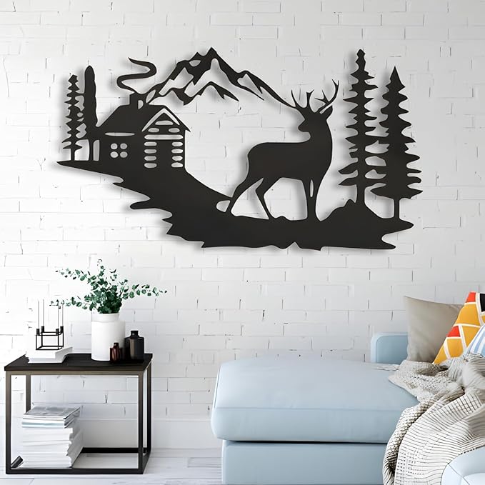 kuestboy Metal Wall Art Deer Forest Landscape, Mountain Cabin Scene Wildlife Design, Handcrafted Steel Wall Sculpture for Lodge, Cabin, Rustic Home Decor (24" X 13" | 60 X 34cm)