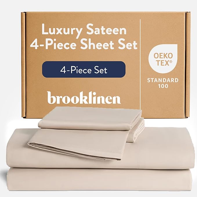 Brooklinen Luxury Sateen 4 Piece Sheet Set - 100% Cotton Bed Sheets, Soft & Durable King Size Sheet Set in Pebble, Oeko-TEX Certified Bedding Set, 1 Fitted Sheet, 1 Flat Sheet, 2 Pillowcases